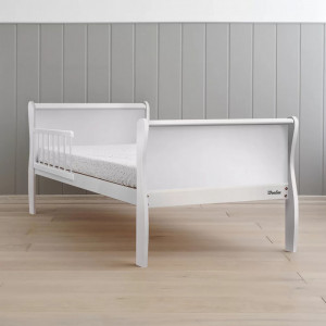 Patut pentru copii, din lemn masiv de Pin, 140 x 70 cm, protectii laterale incluse, Woodies Safe Dreams, Noble, Todler, Alb - Img 6