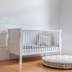 Patut Transformabil din Lemn Masiv de Pin, MDF, 140 x 70 cm, pentru copii si junior, vopsea certificata, 2 trepte de reglare inaltime, protectie theeter, 3 lamele detasabile, Woodies Safe Dreams, Noble, Alb - Img 8