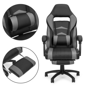 Scaun de Gaming cu suport pentru picioare, Perna Lombara, Modern Home, Piele Ecologica, Cotiere Confortabile, Gri&Negru, VGC-3G - Img 4