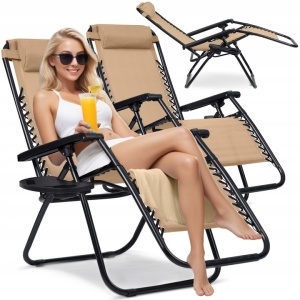 Set 2 Sezlonguri de gradina, Sofotel, ChillWell, 162 x 110 x 64 cm, textilen impermeabi, cadru din otel, pliabile, ajustabile, cu tetiera, cotiere, masuta bauturi, buzunar pentru telefon, sarcina 150 kg, culoare bej