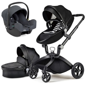 Set 3 in 1 - Carucior Hot Mom Premium Negru 2 in 1, Landou, Parte sport + Scoica auto pentru copii, Joie, i-Snug 2, cu tetiera reglabila, 40-75 cm, Moonlight