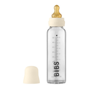 Set complet Biberon anticolici, pentru bebelusi, tetina cu curgere lenta, capac, palnie, sticla bosorsilicata, 225 ml, Bibs, Ivory