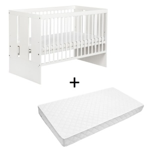 Set Patut copii din lemn KLUPS Paula Alb, cu Saltea MyKids, Cocos, 120 x 60 x 10 cm