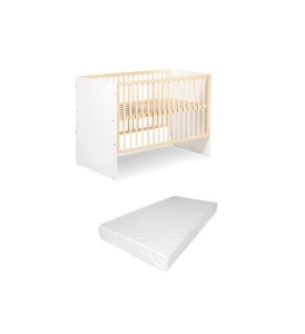 Set Patut din lemn pentru copii, KLUPS Willy, Alb-Natur, 120 x 60 cm, 3 niveluri reglare inaltime saltea, Saltea 120 x 60 x 10 cm, inclusa