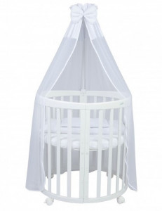 Set Patut Oval Evolutiv pentru Copii, Multifunctional, 7in1, cu Saltele, Baldachin, Lenjerie si Aparatori Laterale, Transformabil, Masa de Schimbat, Co-Sleeping, Tarc de Joaca, Birou, Scaune, Waldin, Alb, Echipament Alb, 88