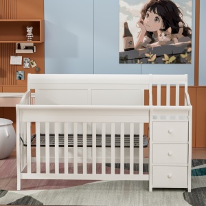 Set Patut pentru Copii, 3 in 1, Co-sleeping, cu Sertare si Masa de Schimbat, din Lemn de Pin Solid, Craft, 159 x 74 x 100 cm, Alb, cu Saltea MyKids 120 x 60 x 10 cm - Img 2