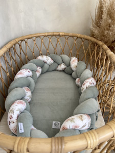 Babynest 2in1 pentru copii, cu margini impletite, din bumbac catifelat, Sparrow Velvet, Eucalipt Flowers - Img 2