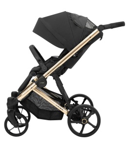 Carucior pentru copii, 2 in 1, Kunert, Arizo Premium, cadru auriu, Parasolar UV50, ventilatie, suport pahar, husa pentru picioare, rucsac din piele ecologica, spatar reglabil, sezut pivotant, husa ploaie, husa tantari, varsta intre 0 si 3 ani, Negru - Img 8