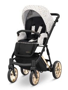 Carucior pentru copii, 2 in 1, Kunert, Ivento Premium, cadru auriu, ventilatie, suport pahar, husa pentru picioare, rucsac din piele ecologica, spatar reglabil, sezut pivotant, husa ploaie, husa tantari, White Style 01 - Img 3