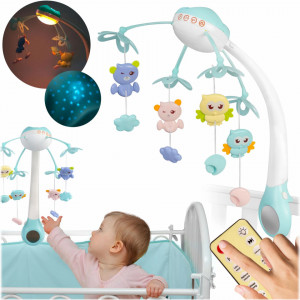 Carusel mobil, Ricokids, cu proiector de lumini si telecomanda, stelute colorate, jucarii, temporizator, RK-813, Albastru