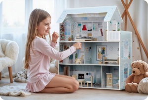 Casuta din lemn pentru papusi, Ricokids, cu 3 etaje, 11 piese - Img 10
