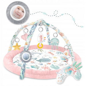 Covoras educativ pentru copii, multifunctional, pereti babynest, 7 jucarii interactive, oglinda, Nukido, 97 x 78 cm, Ocean Pink - Img 6