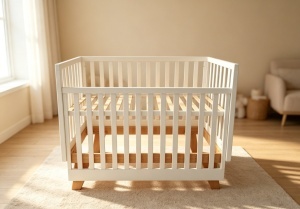 Patut din lemn Scandinav, cu laterala culisanta, 133 x 72 x 106 cm, Craft, WBB001, Alb - Natur - Img 2