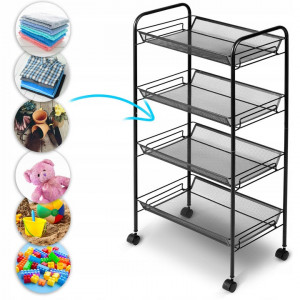 Raft de depozitare metalic mobil cu roti pivotante, 4 rafturi, Massido, 48 x 31 x 84 cm, pentru magazie, garaj, depozit, sala de sport, greutate maxima 24 kg, Negru - Img 6