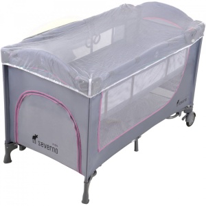 Resigilat - Patut pentru copii, pliabil cu etaj suplimentar, 120 x 60 cm, bara cu jucarii, masa de infasat, plasa de tantari, Severno, Comfort Plus, Grey Pink - Img 4