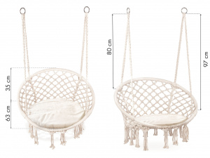 Scaun suspendat pentru gradina, ModernHome, 150 kg, cadru cercuri metalice, perna moale, Alb - Img 2