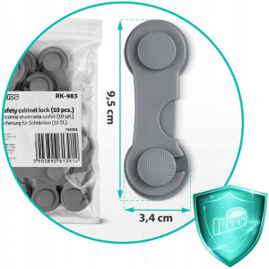 Set 10 Incuietori Pentru Dulapuri, Ricokids, protectie pentru copii, autoadezive, reglabile, Gri - Img 5