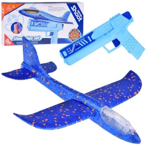 Set 2 in 1 Avion din spuma, Styrofoam Glider Plane, cu lumini LED si Pistol pentru propulsare, ShootPlay Set, Albastru, ZA5000
