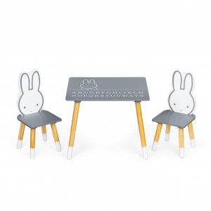 Set Masa Cu Doua Scaune Pentru Copii, de la 3 ani, Ecotoys, WH141, Motiv Iepurasi, Gri