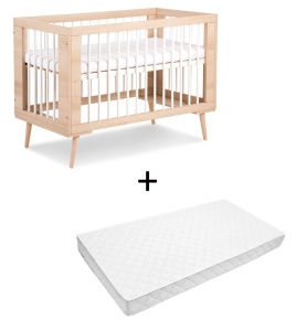 Set Patut copii din lemn KLUPS SOFIE Alb-Natur, cu Saltea MyKids, Cocos, 120 x 60 x 10 cm