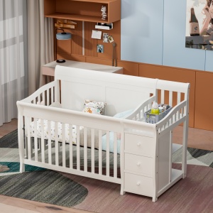 Set Patut pentru Copii, 3 in 1, Co-sleeping, cu Sertare si Masa de Schimbat, din Lemn de Pin Solid, Craft, 159 x 74 x 100 cm, Alb, cu Saltea MyKids 120 x 60 x 10 cm - Img 3