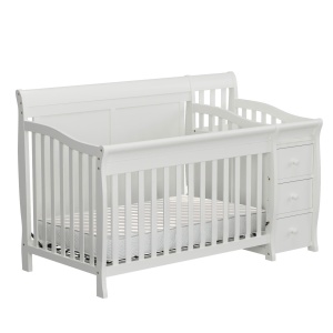 Set Patut pentru Copii, 3 in 1, Co-sleeping, cu Sertare si Masa de Schimbat, din Lemn de Pin Solid, Craft, 159 x 74 x 100 cm, Alb, cu Saltea MyKids 120 x 60 x 10 cm