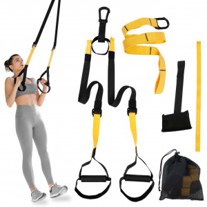 Set sistem suspensie tip TRX, Neo-Sport, NS-956, 4 centuri, carabina, sac depozitare, ideal pentru Fitness, Yoga, Performanta, Recuperare, Exercitii fizice, Antrenament acasa, Outdoor, Pilates, Aerobic, Negru/Galben
