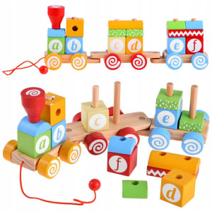 Trenulet din lemn, cu 14 forme greometrice, litere, Multicolor, varsta 1+