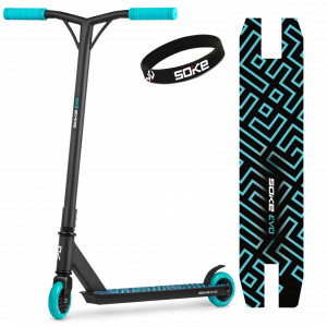 Trotineta cu 2 roti, pentru cascadorii, Soke EVO, 83 x 48 cm, Aluminiu, compresie HIC, rulmenti ABEC-9, punte sudata, Greutate maxima utilizator 100 Kg, Negru/Albastru