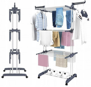 Uscator de rufe vertical, Modern Home, sarcina maxima 40 kg, 75 cm x 126 cm, 6 brate pliabile, 2 brate pentru umerase, 4 roti, raft interior, Alb/Gri