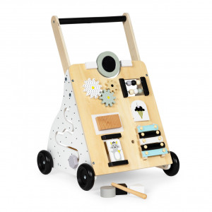 Antemergator din lemn pentru copii, panou educativ cu elemente mobile, roti de cauciuc, Ecotoys, TL01035 - Img 3