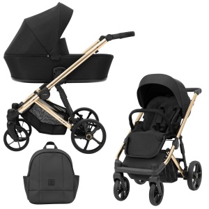 Carucior pentru copii, 2 in 1, Kunert, Arizo Premium, cadru auriu, Parasolar UV50, ventilatie, suport pahar, husa pentru picioare, rucsac din piele ecologica, spatar reglabil, sezut pivotant, husa ploaie, husa tantari, varsta intre 0 si 3 ani, Negru - Img 1
