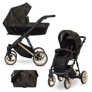 Carucior pentru copii, 3 in 1, Kunert, Ivento Premium, cadru auriu, rucsac din piele ecologica, accesorii, Black Style 01 + Scaun auto Cosmo + Adaptori - Img 2