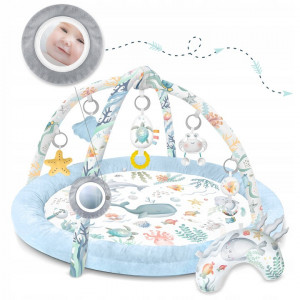 Covoras educativ pentru copii, multifunctional, pereti babynest, 7 jucarii interactive, oglinda, Nukido, 97 x 78 cm, Ocean Blue - Img 5