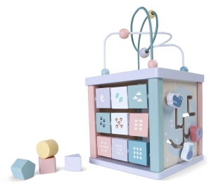 Cub Educativ Pentru Copii, Lemn, Sortare De Blocuri, Labirint, Ceas, EcoToys - Img 1