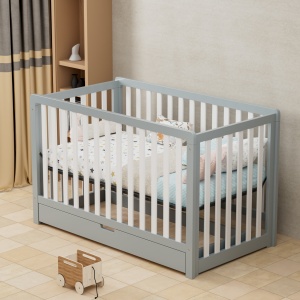 Patut din lemn cu sertar, 138 x 74 x 90 cm, Craft, WBB1214, Gri si Alb - Img 9