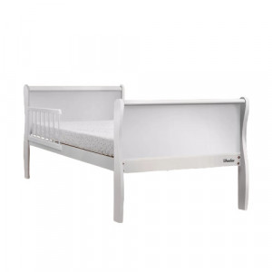 Patut pentru copii, din lemn masiv de Pin, 140 x 70 cm, protectii laterale incluse, Woodies Safe Dreams, Noble, Todler, Alb