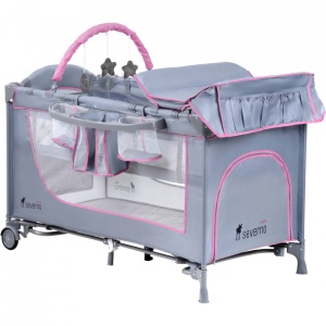 Resigilat - Patut pentru copii, pliabil cu etaj suplimentar, 120 x 60 cm, bara cu jucarii, masa de infasat, plasa de tantari, Severno, Comfort Plus, Grey Pink