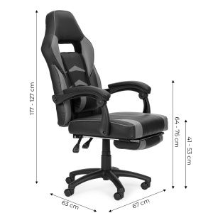 Scaun de Gaming cu suport pentru picioare, Perna Lombara, Modern Home, Piele Ecologica, Cotiere Confortabile, Gri&Negru, VGC-3G - Img 6