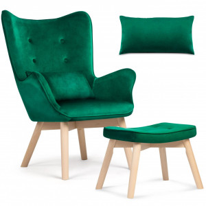 Set Fotoliu cu taburet in stil scandinav, perna moale, stofa, picioare din lemn de fag, Sofotel, Verde - Img 8