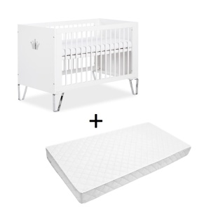 Set Patut copii din lemn KLUPS BLANKA Alb, cu Saltea MyKids, Cocos, 120 x 60 x 10 cm