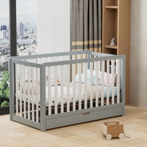 Set Patut din lemn cu sertar, 138 x 74 x 90 cm, Craft, WBB1214, Gri si Alb, cu Saltea MyKids 130 x 70 x 10 cm - Img 3