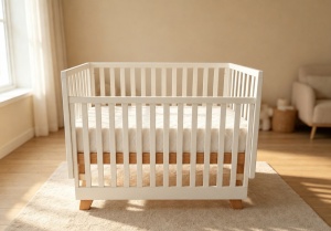 Set Patut din lemn Scandinav cu laterala culisanta, Craft, WBB001, Alb - Natur, cu Saltea MyKids 127 x 66 x 10 cm - Img 3