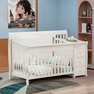 Set Patut pentru Copii, 3 in 1, Co-sleeping, cu Sertare si Masa de Schimbat, din Lemn de Pin Solid, Craft, 159 x 74 x 100 cm, Alb, cu Saltea MyKids 120 x 60 x 10 cm - Img 4