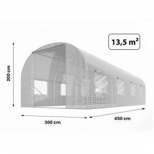 Solar de gradina, tip tunel, 13.5 mp, 300 cm x 450 cm x 200 cm, folie PE 140g/m² cu filtru UV4, 8 ferestre, snur 100 m, Plonos, Alb - Img 6