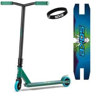 Trotineta cu 2 roti, pentru cascadorii, Soke EVO, 83 x 48 cm, Aluminiu, compresie HIC, rulmenti ABEC-9, punte sudata, Greutate maxima utilizator 100 Kg, Verde/Albastru - Img 1