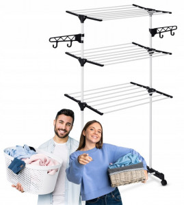 Uscator Vertical Pentru Rufe, Massido, Delia, suprafata 15 m, cu roti, carlige, umerase, Alb - Img 5