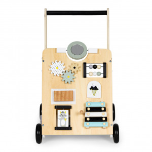 Antemergator din lemn pentru copii, panou educativ cu elemente mobile, roti de cauciuc, Ecotoys, TL01035 - Img 4