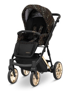 Carucior pentru copii, 2 in 1, Kunert, Ivento Premium, cadru auriu, ventilatie, suport pahar, husa pentru picioare, rucsac din piele ecologica, spatar reglabil, sezut pivotant, husa ploaie, husa tantari, Black Style 01 - Img 3