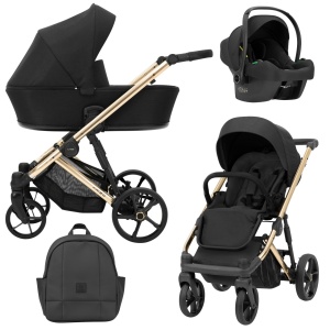 Carucior pentru copii, 3 in 1, Kunert, Arizo Premium, cadru auriu, Parasolar UV50, geanta, accesorii, varsta intre 0 si 3 ani, Negru + Scoica auto Kunert Cosmo + Adaptori - Img 1